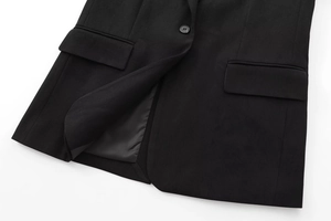 Close-up of black blazer hem with flap pockets, single button and smooth lining