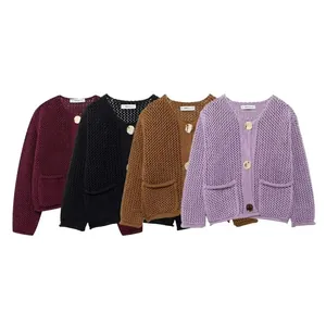 Women Casual Hollow Out Crochet Knit Cardigan Long Sleeve Round Neck Gold Button Sweater With Pockets Streetwear Top