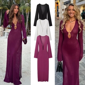 Women Elegant Crochet Knit Maxi Dress Deep V Neck Metal Ring Hollow Out Long Sleeve Beach Party Vacation Dress