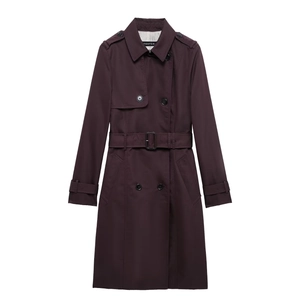 Classic slim-fit double-breasted trench coat in dark purple with waist belt and epaulettes