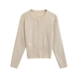 Women's beige crewneck long sleeve knit cardigan with button-down front and ribbed trims