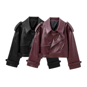 Close-up of black and burgundy faux leather biker jackets with wide lapels and epaulets