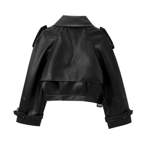 Detail view of back panel, shoulder epaulettes and lapels on black motor biker faux leather jacket