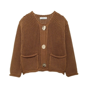 Women's brown crochet knit cardigan with hollow mesh texture and gold metal buttons