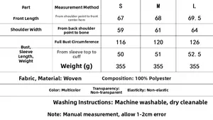 Detailed size guide and fabric specification for animal print cotton puffer jacket