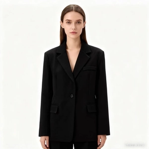 Classic black single-button women blazer with notched lapels and flap pockets