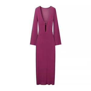 Purple V-neck crochet knit long dress with flared sleeves and ring buckle detail