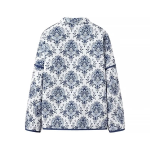 Women's autumn floral print jacket with long sleeves and blue damask pattern