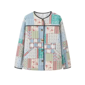 Women Vintage Patchwork Quilted Jacket Cotton Blend Floral Plaid Striped Print Long Sleeve Casual Button Up Outerwear Coat