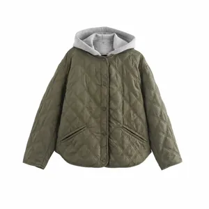 Women Casual Hooded Quilted Jacket Diamond Pattern Army Green Spliced Coat Long Sleeve Loose Fit Outwear For Autumn Winter