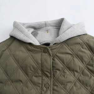 Army green diamond-quilted jacket with grey knit hood and snap buttons detail