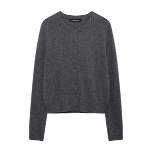 Classic dark grey knit cardigan for women with round neck and single-breasted buttons