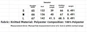 Size chart for women's knitted cardigan showing S, M, L measurements in centimeters