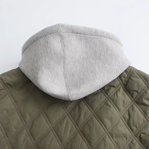 Women's hooded quilted jacket with grey knit hood and army green diamond stitching