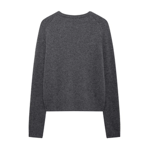 Classic dark grey crewneck knit cardigan in wool blend for women, back view flat lay