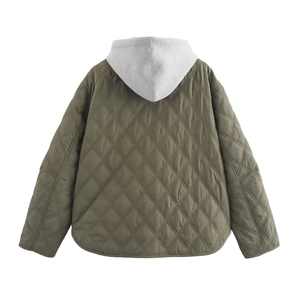 Army green quilted hooded jacket with diamond patterns and grey hood, street fashion style