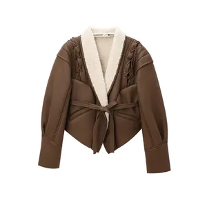 Damen Wildlederimitat Kunstfell Jacke Vintage Schnürung Revers Kurzmantel Warm Kunstleder Spleißen Mode Streetwear