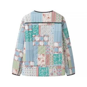 Women's floral quilted patchwork jacket with long sleeves in pastel tones back view