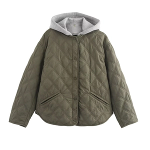 Women's quilted hooded jacket in olive green with gray hood and diamond pattern