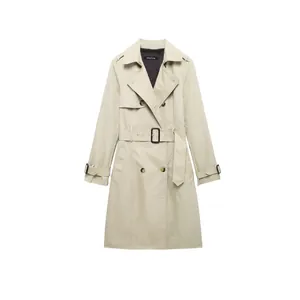 Classic beige double-breasted trench coat with waist belt and epaulettes for women