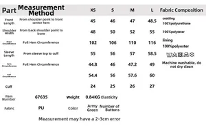 Tableau des tailles détaillé pour veste motard en similicuir femme avec mesures et matières
