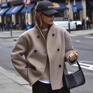 Women's Double Breasted Stand Collar Woolen Coat Fashion Oversized Short Jacket Fall Winter Streetwear Khaki Grey Outerwear