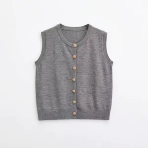 Women's Casual Knitted Vest Round Neck Single Breasted Sleeveless Sweater Top With Gold Buttons Elegant Solid Color Waistcoat