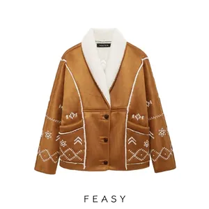 Women's Vintage Faux Suede Embroidered Jacket Mid-Length Coat With Lapel Lambswool Trim Bohemian Streetwear Outerwear