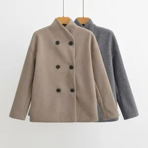 Short double-breasted wool blend coat with high neck in khaki and dark grey colors