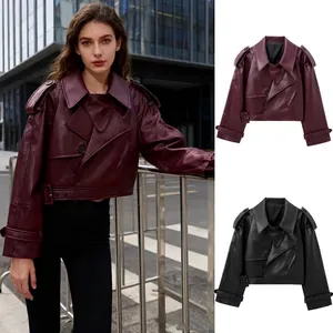 Women's Faux Leather Motorcycle Jacket Cropped Moto Coat With Belt Epaulets Lapel Long Sleeve Wine Red Black Fashion Outerwear