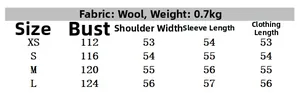 Size guide for cropped tweed jacket showing chest and length measurements in centimeters