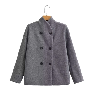 Women's chic dark grey double-breasted wool blend short coat with black buttons