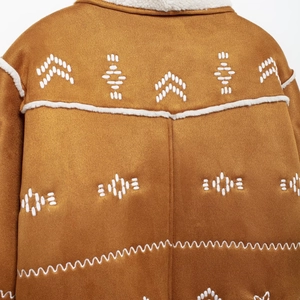 Brown suede jacket for women with white geometric embroidery and faux fur trim