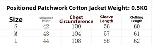 Size chart for loose patchwork padded jacket showing S to L measurements in cm