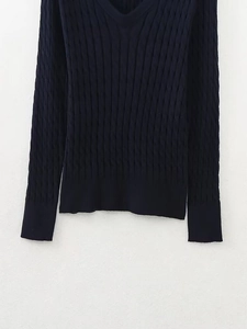 Détail de la maille torsadée et du col en V d'un pull bleu marine à manches longues