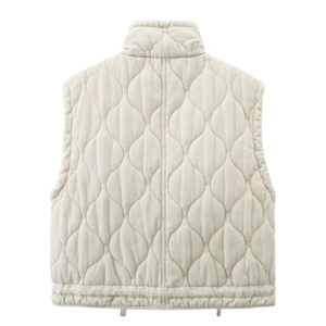 Detailed back view of a cream quilted stand collar vest with onion pattern stitching