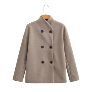 Classic oatmeal double-breasted wool coat with black buttons for autumn and winter