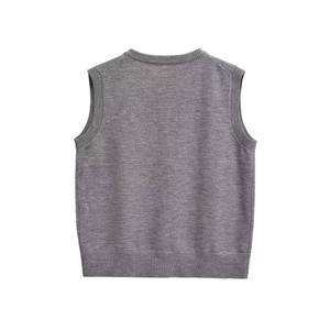 Chic grey knit vest for women with round neck and ribbed trim in flat lay view