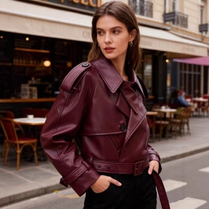 Chic burgundy cropped leather biker jacket with shoulder epaulettes and waist belt for women