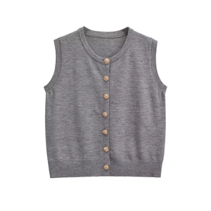 Women's classic grey round neck knitted cardigan vest with elegant gold embossed buttons