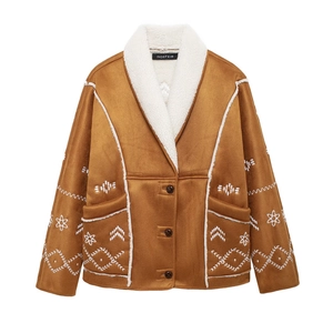 Women's vintage caramel brown faux suede coat with sheepskin collar and ethnic embroidery