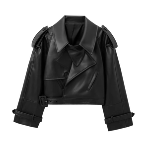 Women's black faux leather biker jacket with shoulder epaulets and oversized silhouette
