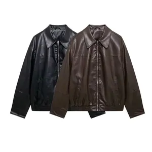 Women's Vintage Faux Leather Bomber Jacket Loose Fit Lapel Zipper PU Leather Mid Length Moto Outerwear Coat