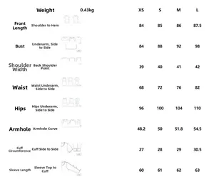 Detailed size guide for women's blazer dress showing XS to L measurements and weight