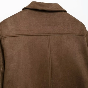 Women's dark brown faux suede short jacket with lapel collar and neat back stitching detail