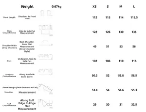 Detailed size chart for women's trench coat including XS to L dimensions and weight