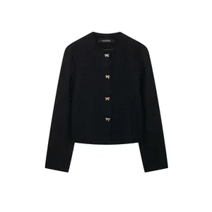 Veste en Tweed Noire Élégante pour Femme Boutons en Métal Nœud Doré Col Rond Manteau Tissé Court Style Vintage