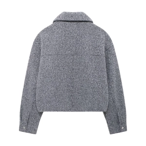 Detailed back view of grey wool-textured cropped jacket with silver button cuffs