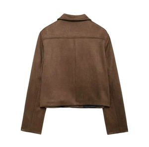Women's short mocha brown suede jacket with turn-down collar and structured back seams