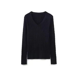 Pull Femme Col en V en Maille Torsadée Manches Longues Couleur Unie Poignets à Côtes Tricot Coupe Régulière Automne Hiver